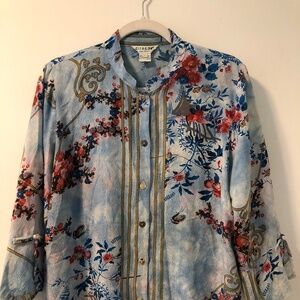 Citron floral silk button front Mandarin Collar Large